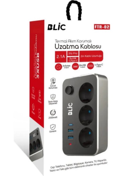 Akım Korumalı 2 USB Li 1 Typc 3 Lü Priz Açma Kapama Anahtarlı modelleri