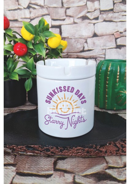 Sunkissed Days Starry Nights Yaz Temalı Baskılı Seramik Kapaklı Kokusuz Küllük