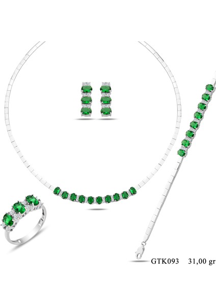 925 Ayar Gümüş 6/4 mm Zümrüt Yeşili Taşlı Tam Tur Su Yolu Set