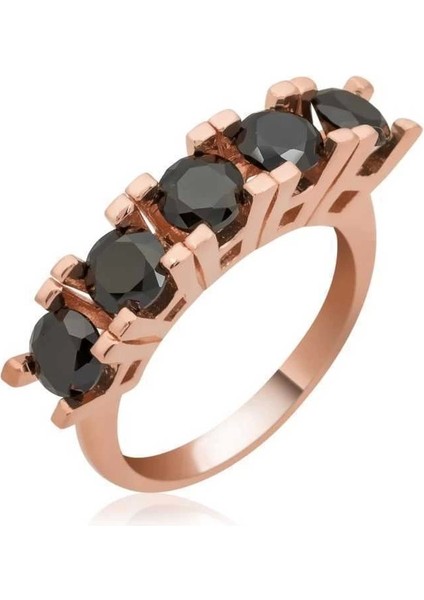 Gümüş Rose Siyah 5 Taş Bayan Yüzük