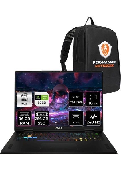 Msı Vector 18 Hx Aı Intel Core Ultra 9 275HX 96GB 256GB SSD RTX5080/12GB 175W 18" Qhd+ 240Hz Freedos Taşınabilir Bilgisayar & Per4 Çanta A2XWIG666XTRP336