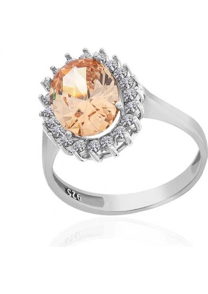 Gümüş Turuncu Taşlı Oval Kadın Yüzük