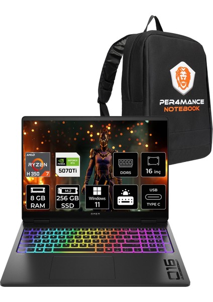 Omen Max 16 Amd Ryzen Aı 7 H 350 8gb 256GB SSD RTX5070TI/12GB 16" Fhd+ 165Hz W11P Taşınabilir Bilgisayar & Per4 Çanta BQ1Y2EAPN381