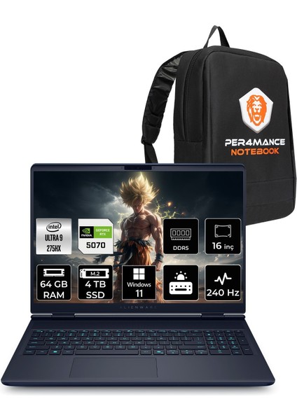 Alienware 16X Aurora Intel Core Ultra 9 275HX 64GB 4tb SSD RTX5070/8GB 115W 16" Qhd+ 240Hz Windows 11 Home Taşınabilir Bilgisayar & Per4 Çanta AC16251CU932157WP375