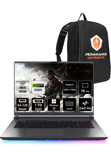 Rog Strix G18 Intel Core I9 14900HX 64GB 1tb SSD RTX5060/8GB 115W 16" Qhd+ 240Hz Windows 11 Home Taşınabilir Bilgisayar & Per4 Çanta G815JMRS9041WP373