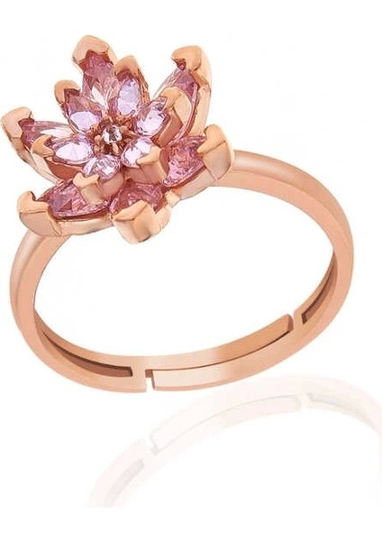 Gümüş Rose Pembe Taşlı Lotus Çiçeği Kadın Yüzük