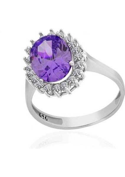 Gümüş Mor Taşlı Oval Kadın Yüzük