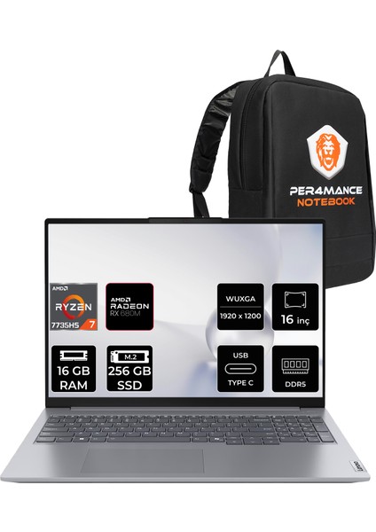 Thinkbook 16 Gen 7 Amd Ryzen 7 7735HS 16GB 256GB SSD 16" Fhd+ Freedos Taşınabilir Bilgisayar & Per4 Çanta 21MW002CTRP306