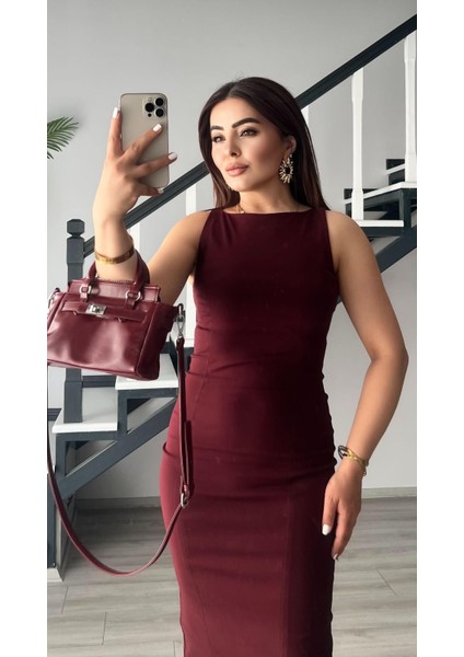 Bordo Vücuda Oturan Midi Elbise modelleri