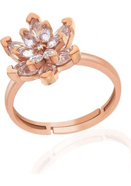 Gümüş Rose Beyaz Taşlı Lotus Çiçeği Kadın Yüzük