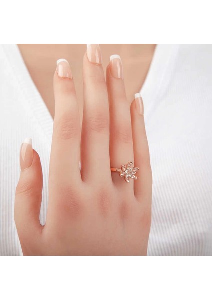 Gümüş Rose Beyaz Taşlı Lotus Çiçeği Kadın Yüzük modelleri