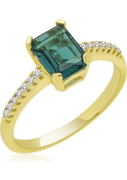 Gümüş Gold Yeşil Baget Taşlı Kadın Yüzük