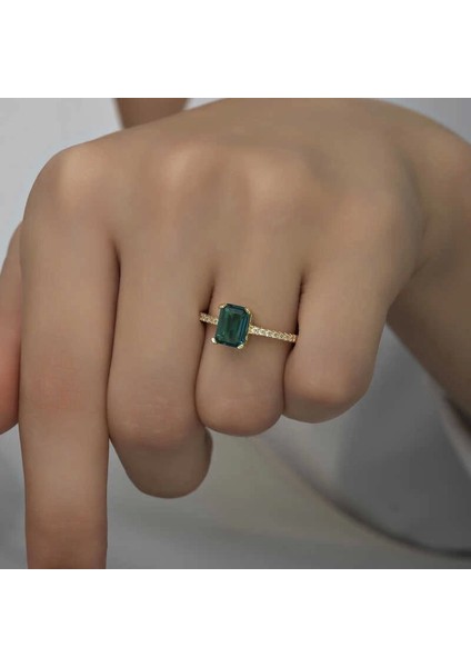 Gümüş Gold Yeşil Baget Taşlı Kadın Yüzük fiyatları
