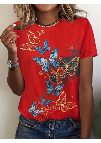 Kadın Kısa Kollu Mavi Sarı Kelebek Baskı Süprem Bluz modelleri