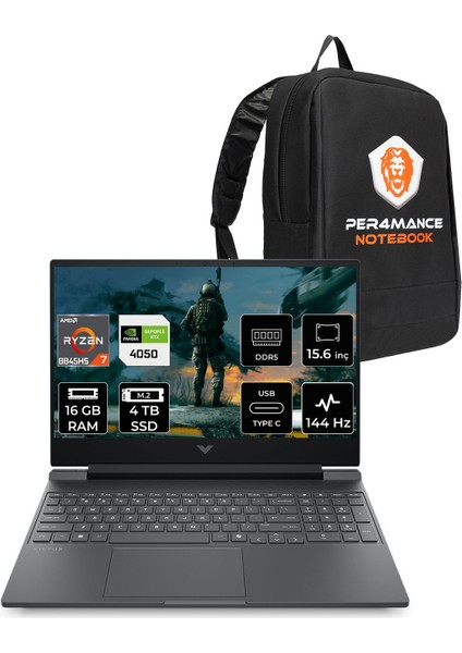 Victus 15 Amd Ryzen 7 8845HS 16GB 4tb SSD RTX4050/6GB 15.6" Fhd 144Hz Freedos Taşınabilir Bilgisayar & Per4 Çanta B9KM3EAPN310