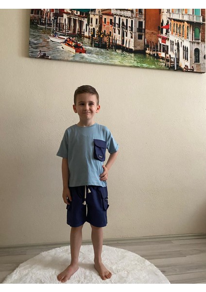 Lacivert Kargo Cep Şort Detaylı Kaliteli Kumaş Erkek Çocuk Alt Üst Takım