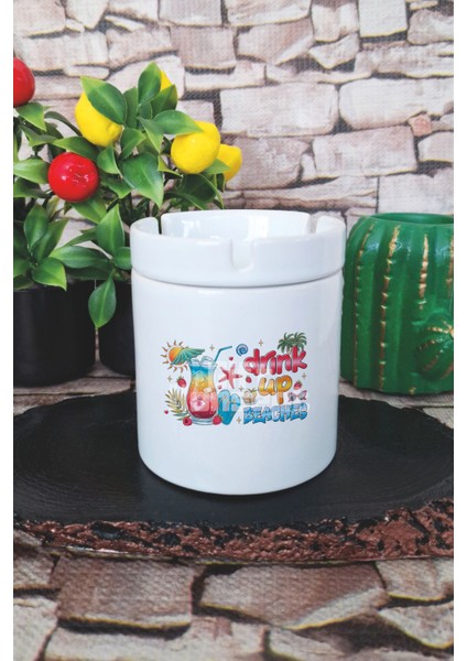 Drink Up Beaches Yaz Temalı Baskılı Seramik Kapaklı Kokusuz Küllük