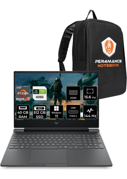 Victus 15 Amd Ryzen 7 8845HS 40GB 512GB SSD RTX4050/6GB 15.6" Fhd 144Hz Windows 11 Pro Taşınabilir Bilgisayar & Per4 Çanta B9KM3EAPN402