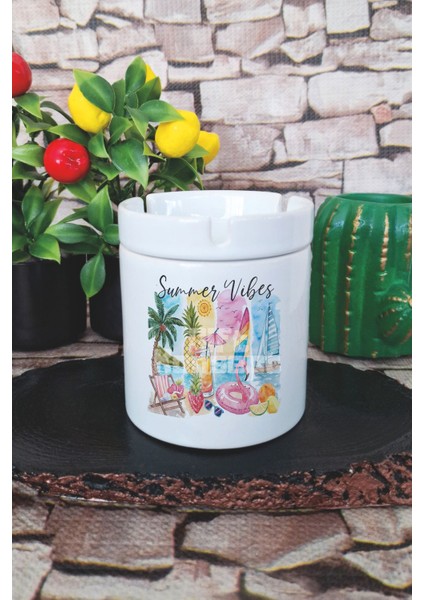 Summer Vibes Yaz Temalı Baskılı Seramik Kapaklı Kokusuz Küllük