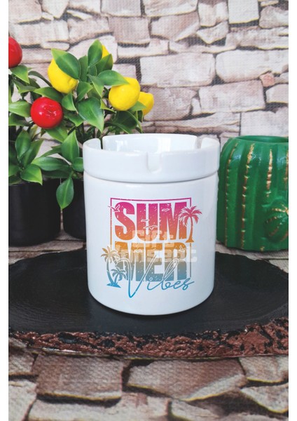 Retro Summer Vibes Palmiye Yaz Temalı Baskılı Seramik Kapaklı Kokusuz Küllük