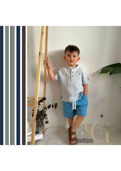 Hakim Yaka Gömlek Fitilli Alt Mavi Jean Kumaş Kot Şort Beli Lastikli Erkek Çocuk Alt Üst Takım