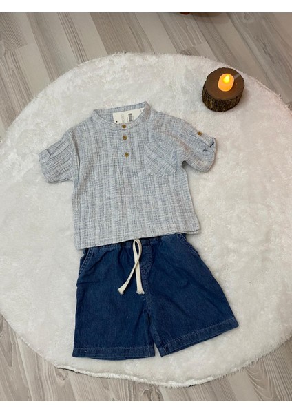 Hakim Yaka Gömlek Fitilli Alt Mavi Jean Kumaş Kot Şort Beli Lastikli Erkek Çocuk Alt Üst Takım fiyatları