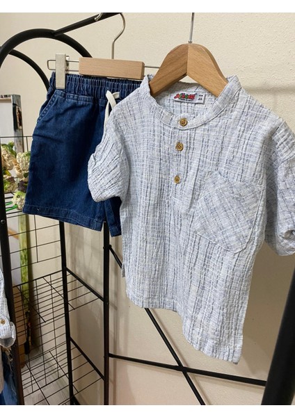 Hakim Yaka Gömlek Fitilli Alt Mavi Jean Kumaş Kot Şort Beli Lastikli Erkek Çocuk Alt Üst Takım modelleri