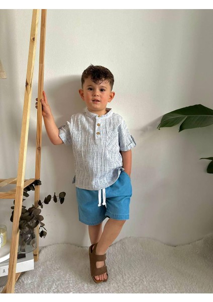 Hakim Yaka Gömlek Fitilli Alt Mavi Jean Kumaş Kot Şort Beli Lastikli Erkek Çocuk Alt Üst Takım fırsatları