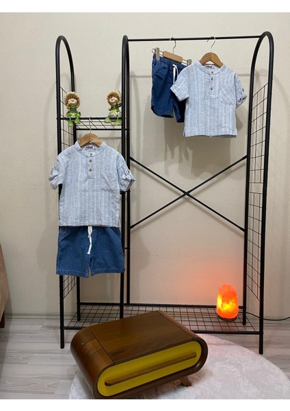 Hakim Yaka Gömlek Fitilli Alt Mavi Jean Kumaş Kot Şort Beli Lastikli Erkek Çocuk Alt Üst Takım indirimleri