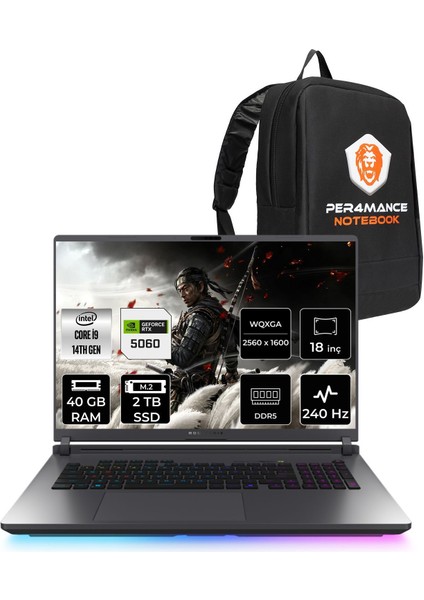 Rog Strix G18 Intel Core I9 14900HX 40GB 2tb SSD RTX5060/8GB 115W 16" Qhd+ 240Hz Freedos Taşınabilir Bilgisayar & Per4 Çanta G815JMRS9041WP324