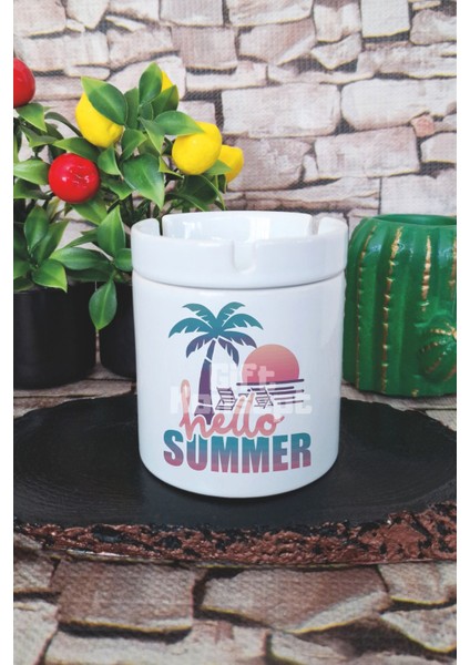 Hello Summer Retro Yaz Temalı Baskılı Seramik Kapaklı Kokusuz Küllük