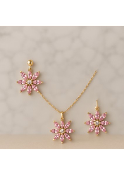 Altın Renk Çelik Zincirli Pembe Taşlı Çiçek Kolye Küpe Seti
