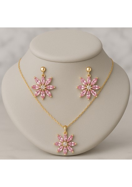 Altın Renk Çelik Zincirli Pembe Taşlı Çiçek Kolye Küpe Seti