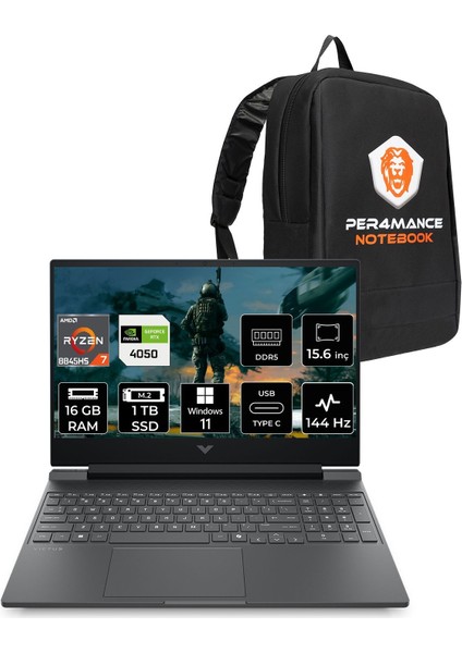 Victus 15 Amd Ryzen 7 8845HS 16GB 1tb SSD RTX4050/6GB 15.6" Fhd 144Hz Windows 11 Home Taşınabilir Bilgisayar & Per4 Çanta B9KM3EAPN348