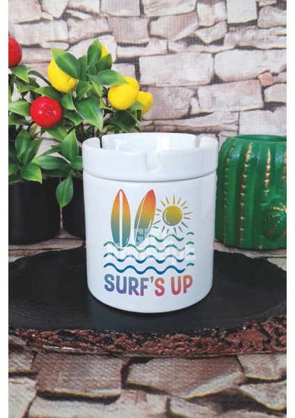Surf's Up Yaz Temalı Baskılı Seramik Kapaklı Kokusuz Küllük