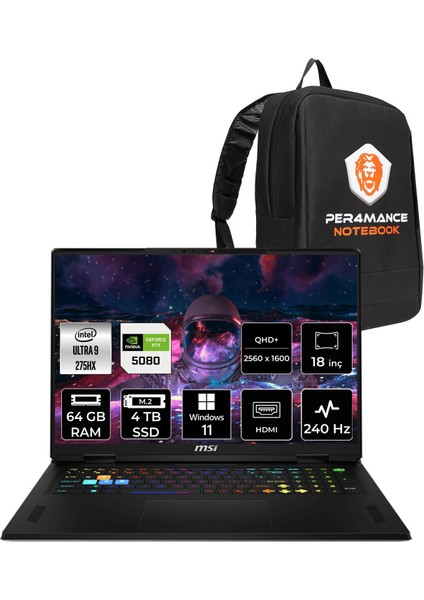 Msı Vector 18 Hx Aı Intel Core Ultra 9 275HX 64GB 4tb SSD RTX5080/12GB 175W 18" Qhd+ 240Hz Windows 11 Pro Taşınabilir Bilgisayar & Per4 Çanta A2XWIG666XTRP415