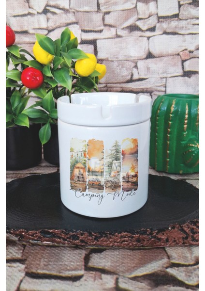 Camping Mode Yaz Temalı Baskılı Seramik Kapaklı Kokusuz Küllük
