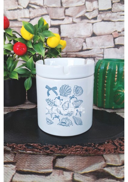 Deniz Kabukları Kurdele Yaz Temalı Baskılı Seramik Kapaklı Kokusuz Küllük