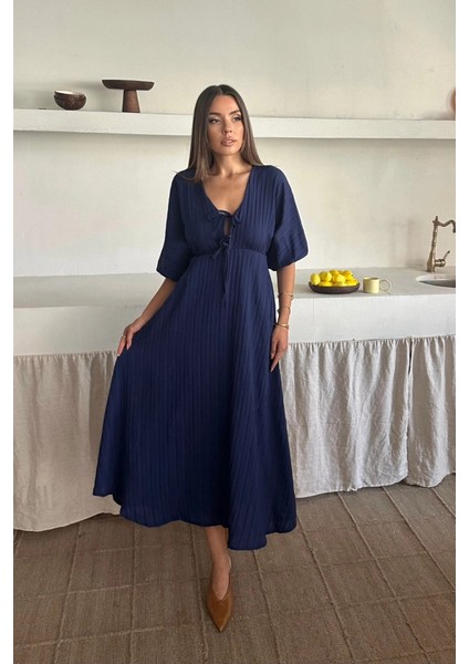 V Yaka Dökümlü Elbise - Lacivert modelleri