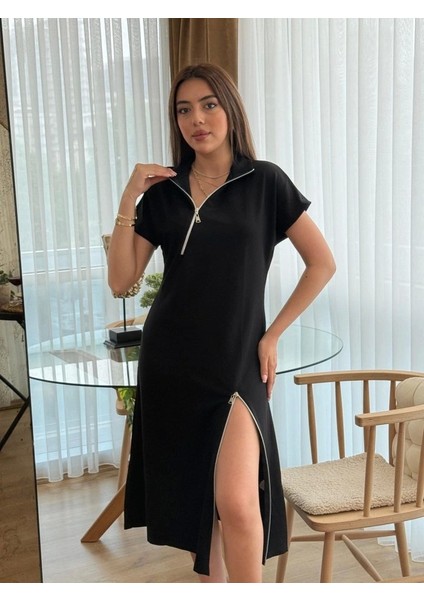 Kadın Kısa Kollu Yakadan ve Etekten Fermuarlı Midi Viskon Iki Iplik Elbise