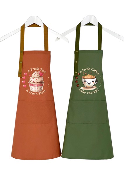 Kumaş Mutfak Önlüğü Seti 2'li Leke Tutmaz Su Itici %65 Pamuk %35 Polyester Cupcake & Coffee Şef Önlük