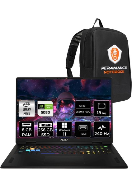 Msı Vector 18 Hx Aı Intel Core Ultra 9 275HX 8gb 256GB SSD RTX5080/12GB 175W 18" Qhd+ 240Hz Windows 11 Home Taşınabilir Bilgisayar & Per4 Çanta A2XWIG666XTRP341