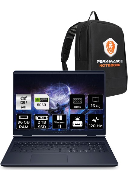 Alienware 16 Aurora Intel Core 7 240H 96GB 2tb SSD RTX5060/8GB 115W 16" Qhd+ 120Hz Windows 11 Home Taşınabilir Bilgisayar & Per4 Çanta AC16250C716156WP379