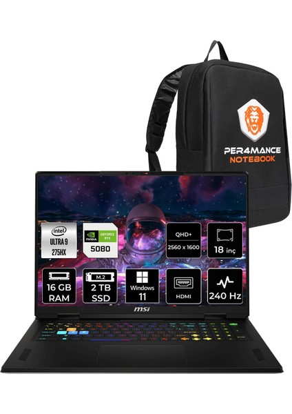 Msı Vector 18 Hx Aı Intel Core Ultra 9 275HX 16GB 2tb SSD RTX5080/12GB 175W 18" Qhd+ 240Hz Windows 11 Pro Taşınabilir Bilgisayar & Per4 Çanta A2XWIG666XTRP389