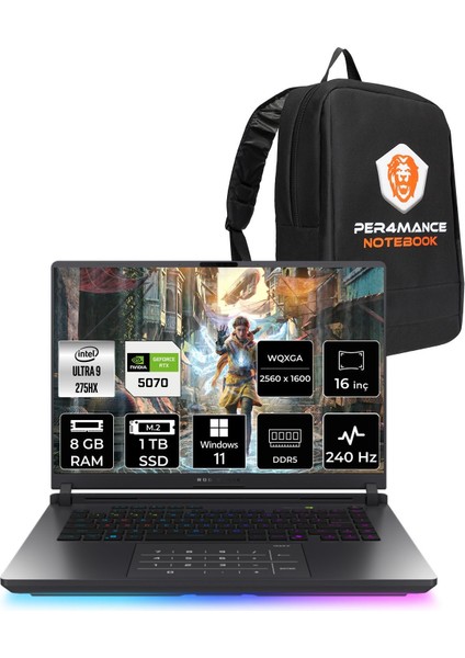 Rog Strix G16 Intel Core Ultra 9 275HX 8gb 1tb SSD RTX5070/8GB 115W 16" Qhd+ 240Hz Windows 11 Pro Taşınabilir Bilgisayar & Per4 Çanta G615LPS5114WP383