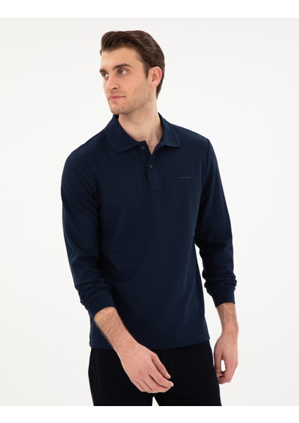 Erkek Lacivert Slim Fit Kıvrılmaz Yaka Sweatshirt 50307408-VR033