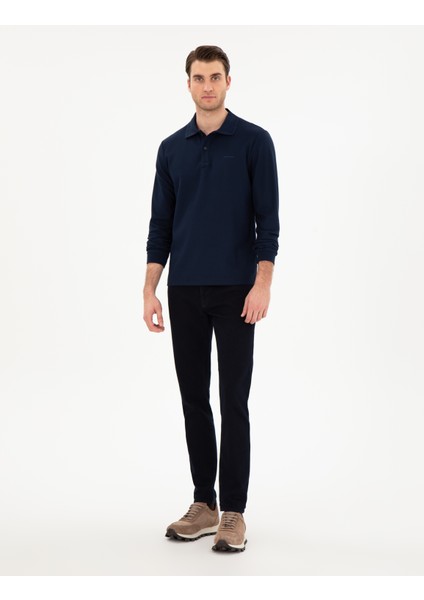 Erkek Lacivert Slim Fit Kıvrılmaz Yaka Sweatshirt 50307408-VR033