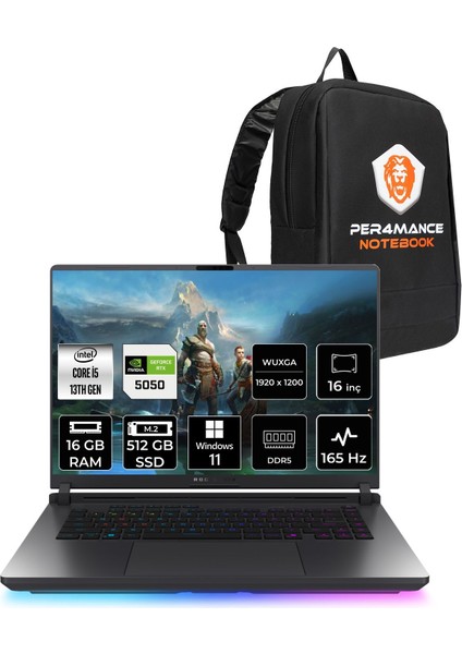 Rog Strix G16 Intel Core I5 13450HX 16GB 512GB SSD RTX5050/8GB 115W 16" Fhd+ 165Hz Windows 11 Home Taşınabilir Bilgisayar & Per4 Çanta G615JHRV053P347