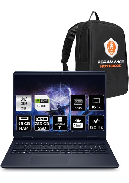 Alienware 16 Aurora Intel Core 7 240H 48GB 256GB SSD RTX5060/8GB 115W 16" Qhd+ 120Hz Windows 11 Pro Taşınabilir Bilgisayar & Per4 Çanta AC16250C716156WP406