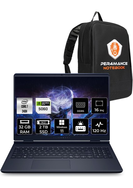 Alienware 16 Aurora Intel Core 7 240H 32GB 2tb SSD RTX5060/8GB 115W 16" Qhd+ 120Hz Windows 11 Pro Taşınabilir Bilgisayar & Per4 Çanta AC16250C716156WP399